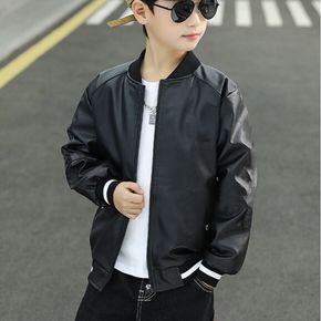 Kid Boy Striped Black Faux Leather PU Jacket