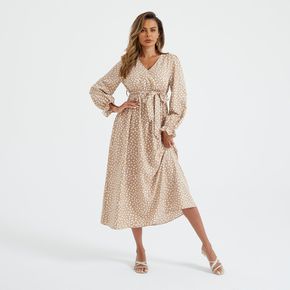 Maternity Allover Print Long-sleeve Belted Dress