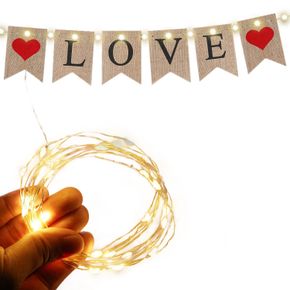 Love and Red Heart Burlap Banner with Warm White Copper Wire Lights Wedding Proposal Engagement Valentine's Day Party Decor Supplies