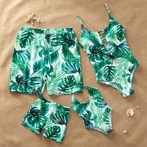 Green Leaf Printed Family Swimsuits for Summer