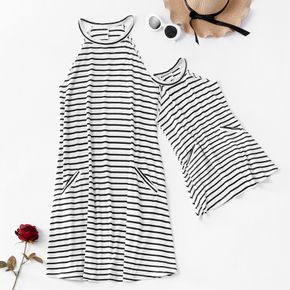 Black and White Stripe Sleeveless Matching Midi Dresses