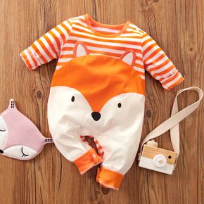100% Cotton Fox and Stripe Print Long-sleeve Orange Baby Jumpsuit