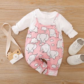 100% Cotton Elephant Print Faux-two Long-sleeve Pink Baby Jumpsuit