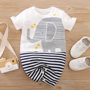 100% Cotton Elephant Stripe and Stars Print Short-sleeve Baby Romper