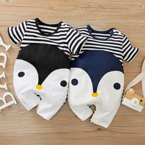 100% Cotton Penguin Stripe Print Short-sleeve Baby Romper