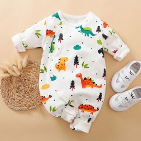100% Cotton Dinosaur and Polka Dots Print Long-sleeve Baby Jumpsuit