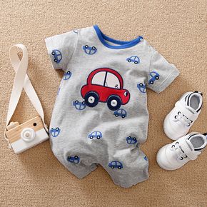 100% Cotton Vehicle Print Color Block Short-sleeve Grey Baby Romper