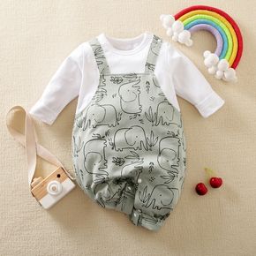 100% Cotton Baby Boy/Girl All Over Cartoon Elephant Print Faux-two Long-sleeve Jumpsuit
