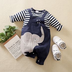 100% Cotton Baby Boy/Girl Cartoon Elephant Embroidered Blue Striped Long-sleeve Faux-two Jumpsuit