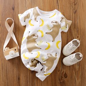 100% Cotton Baby Boy/Girl All Over Sloth and Banana Print White Short-sleeve Romper