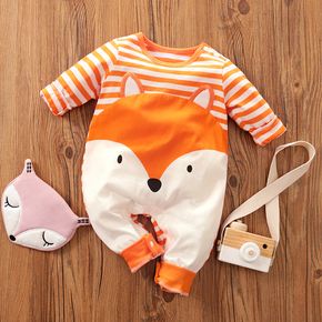 100% Cotton Baby Boy/Girl Cartoon Fox Print Orange Striped Long-sleeve Jumpsuit