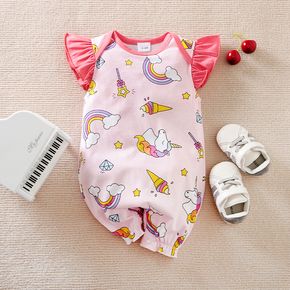 100% Cotton Baby Girl Allover Rainbow and Unicorn Print Flutter-sleeve Jumpsuit