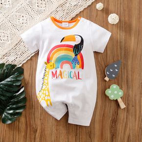Mameluco blanco de manga corta con estampado de jirafa y letras de loros arcoíris para bebé 100% algodón