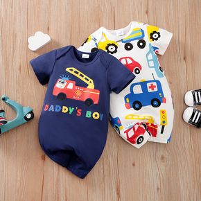 100% Cotton Baby Boy Allover Cartoon Car Print Short-sleeve Romper