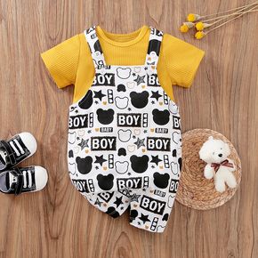 2pcs Baby Boy/Girl 100% Cotton Allover Bear and Letter Print Overalls with Solid Waffle Short-sleeve Top Set