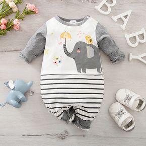 100% Cotton Baby Boy/Girl Cartoon Elephant and Bird Print Long-sleeve Striped Jumpsuit