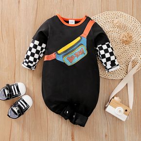 Baby Boy Checkered Long-sleeve Faux-two Crossbody Bag Graphic Jumpsuit