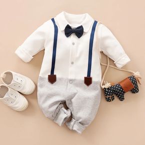 Macacão para bebê com manga longa falsa, laço decorativo, gola de lapela e color block em 100% algodão