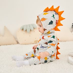 100% Cotton Dinosaur Patterned Serrate Design Hooded Long-sleeve Baby Jumpsuit