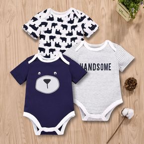 100% Cotton Bear or Letter and Stripe Print Short-sleeve Baby Romper