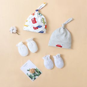 4-pack Baby Cartoon Car Print Anti-scratch Glove and Hat Set