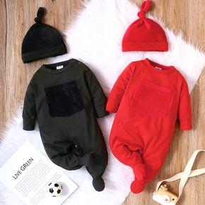 2pcs Baby Boy/Girl Solid Long-sleeve Footed Jumpsuit with Hat Set