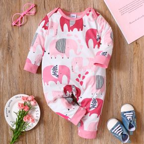 Baby Girl All Over Cartoon Elephant Print Pink Long-sleeve Jumpsuit