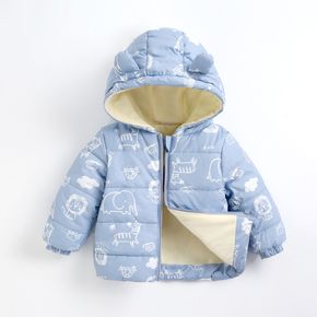 Baby Cartoon Animals Print 3D Ears Blue Long-sleeve Hooded Coat