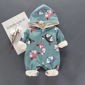 Baby Boy/Girl Long-sleeve Fox Print Hooded Fleece Lined Jumpsuit