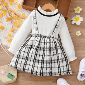 Toddler Girl Ruffle Collar Faux-two Strap Plaid Tweed Long-sleeve Dress