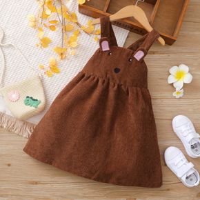 Toddler Girl Bear Embroidered Ear Design Brown Overall Dress