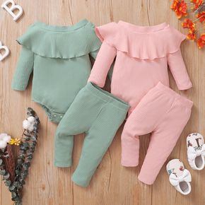 2pcs Baby Girl Solid Ribbed Off Shoulder Long-sleeve Ruffle Romper and Pants Set