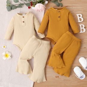 2pcs Baby Girl Solid Ribbed Long-sleeve Romper and Bell Bottom Pants Set
