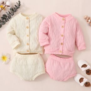 2pcs Baby Boy/Girl Solid Button Down Long-sleeve Top and Shorts Set