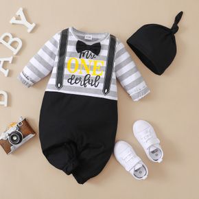 2pcs Baby Boy Gentleman Bow Tie Letter Print Striped Long-sleeve Splicing Black Jumpsuit Set