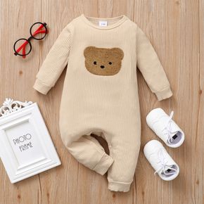 Baby Girl/Boy Bear Embroidered Ribbed Long-sleeve Jumpsuit