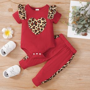 2pcs Baby Girl Love Heart Leopard Ruffle Red Short-sleeve Romper and Trousers Set
