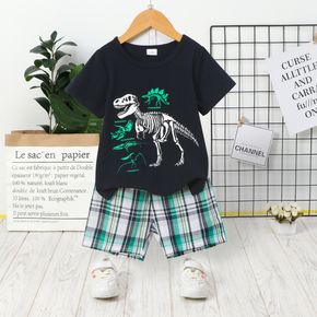 2pcs Toddler Boy Playful Animal Dinosaur Print Tee and Plaid Shorts Set
