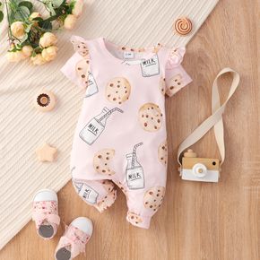 Baby Girl Ruffle Short-sleeve All Over Milk Bottle and Cookie Print Pink Jumpsuit