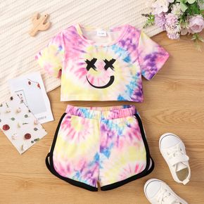 2pcs Baby Girl Cartoon Tie Dye Short-sleeve Crop Top and Shorts Set