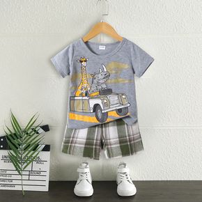 2pcs Toddler Boy Playful Animal Vehicle Print Tee and Plaid Shorts Set