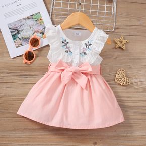 100% Cotton Baby Girl Floral Embroidered Ruffle Trim Spliced Belted Tank Dress