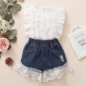 Trendy Toddler Girl Lace Ruffle Flounced Top And Denim shorts
