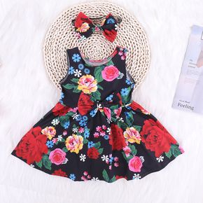 2pcs Baby Girl All Over Rose Floral Print Sleeveless Bowknot Dress with Headband Set