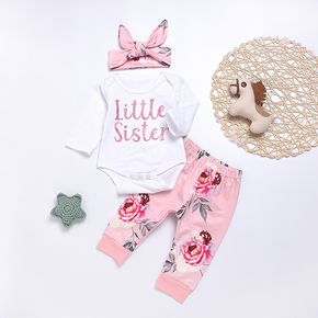 3-teiliges Baby-Mädchen aus 95 % Baumwolle, langärmliger Strampler mit Buchstabendruck und Hosen mit Blumendruck und Stirnband-Set
