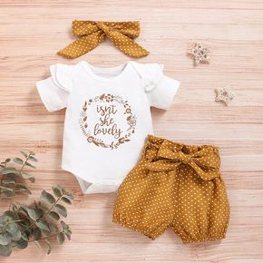 3pcs Baby Girl 95% Cotton Ruffle Short-sleeve Letter Print Romper and Dots/Floral Print Shorts with Headband Set