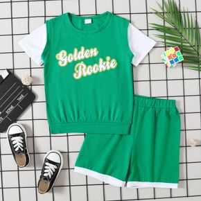 'Golden rookie' Color Block Letter Print Tee and Shorts Athleisure Set for Toddlers / Kids