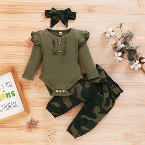 3-teiliges Baby-Mädchen, 95 % Baumwolle, gerippter Rüschen-Langarm-Strampler und Camo-Print-Hose mit Stirnband-Set