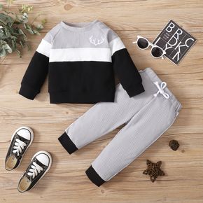 2-piece Baby Boy Deer Antlers Embroidery Colorblock Pullover Sweatshirt and Elasticized Pants Set
