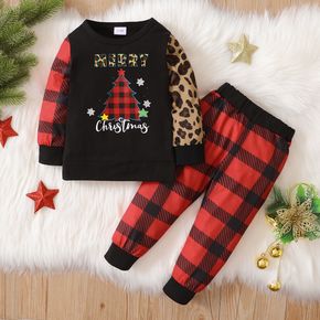 Baby 2pcs Christmas Tree Leopard and Plaid Print Long-sleeve Set